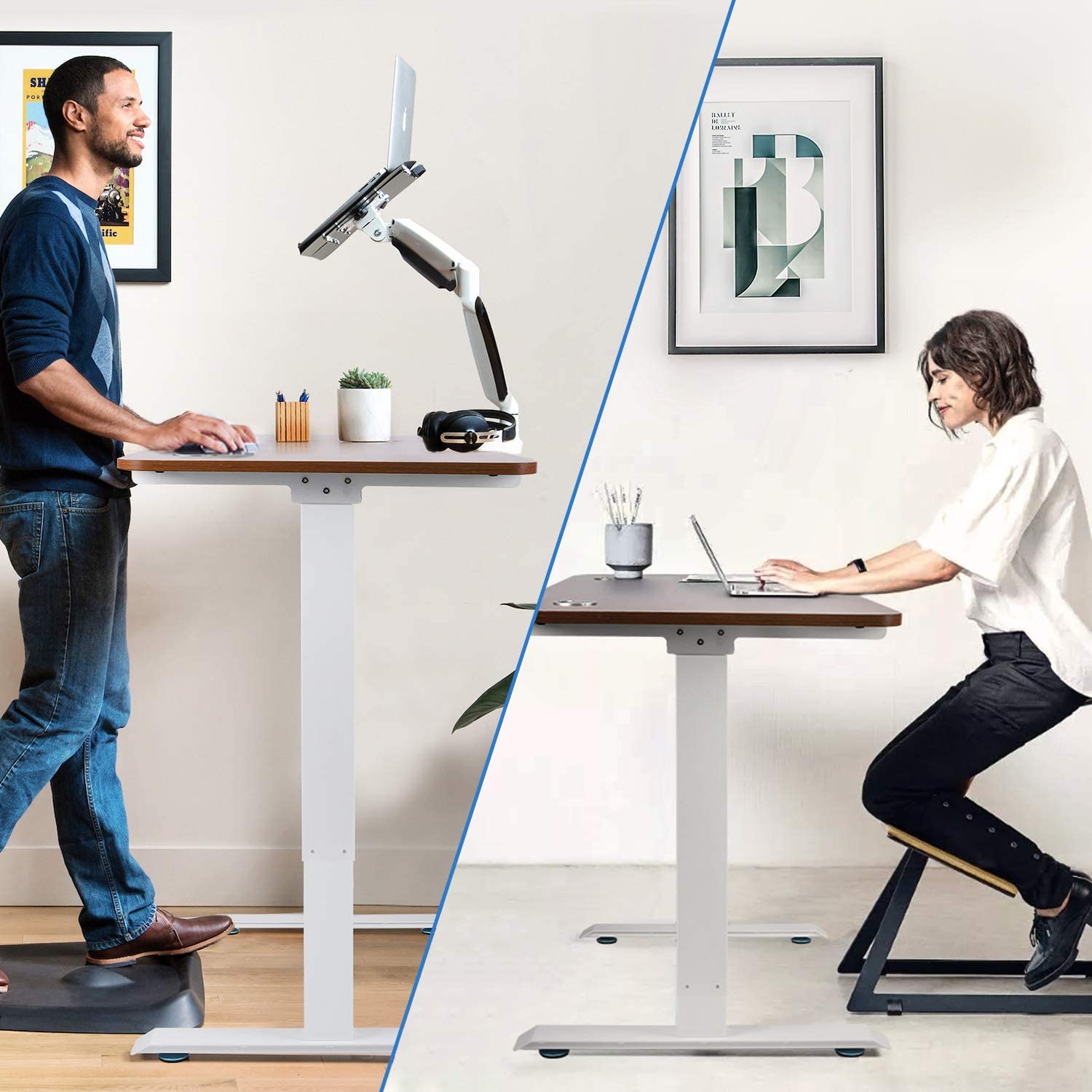 Electric Standing Desk, 55 x 28 Inches Height Adjustable Dual Motor Stand up Desk Workstation, Full Sit Stand Home Office Table, Whole-Piece Desk Board (White Frame/Brown Walnut Top) Electric Standing Desk, 55 x 28 Inches Height Adjustable Dual Motor Stand up Desk Workstation, Full Sit Stand Home Office Table, Whole-Piece Desk Board (White Frame/Brown Walnut Top)
